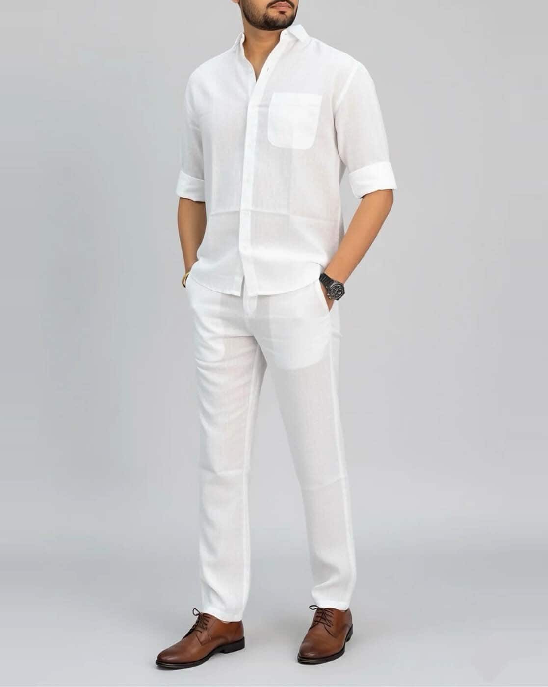 Buda Jeans Co Men Linen Shirt & Lounge Pants Co-Ord Set For Men (White, XL)