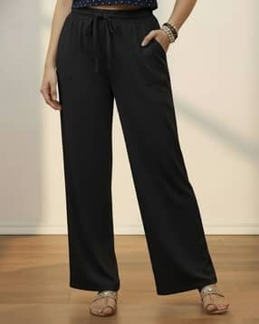 Women High-Rise Wide Leg Trousers with Elasticated Drawstring Waist