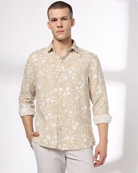 Men Floral Print Slim Fit Cotton Shirt
