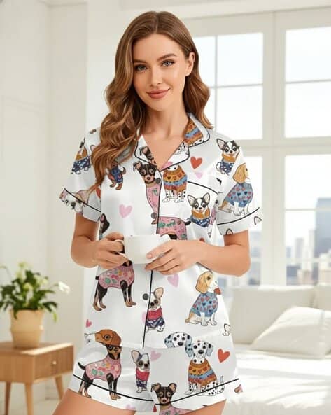Jade & Julie Women Animal Print Shirt & Shorts Nightwear Set