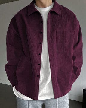 Men Ribbed Regular Fit Shacket with Patch Pocket