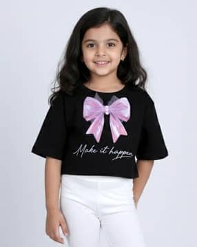 kiddopanti Girls Typographic Print Regular Fit Cotton T-Shirt-picture-44