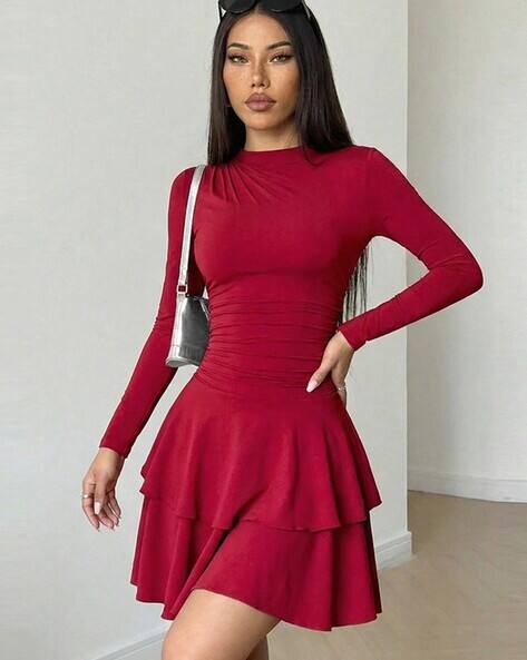slim fit dress slacks Unique Vintage Burgundy Turtleneck Midi Dress
