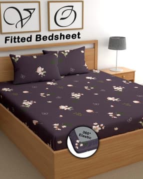 180 TC Floral Print Fitted Double Bedsheet with Pillow Covers-image-27
