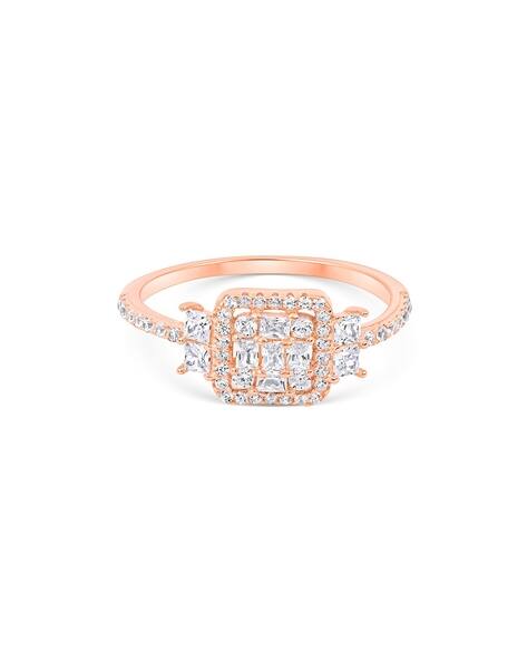 Touch925 Women Sterling Silver Rose Gold-Plated Cubic Zirconia Rectangular Halo Ring