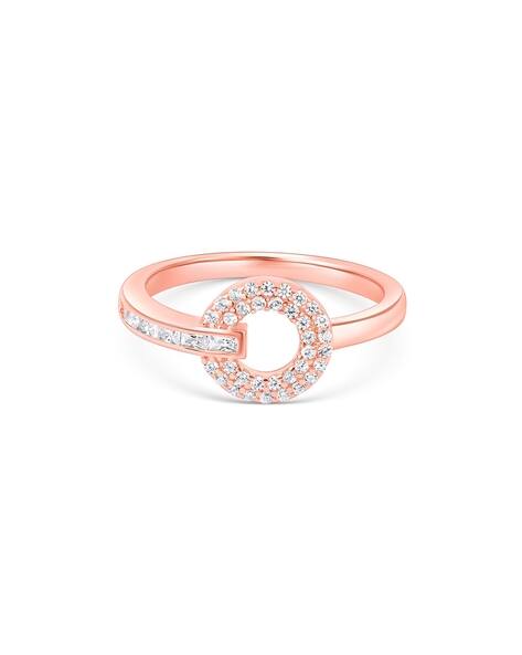 Touch925 Women Sterling Silver Rose Gold-Plated Cubic Zirconia Geometric Orbit Halo Bar Ring