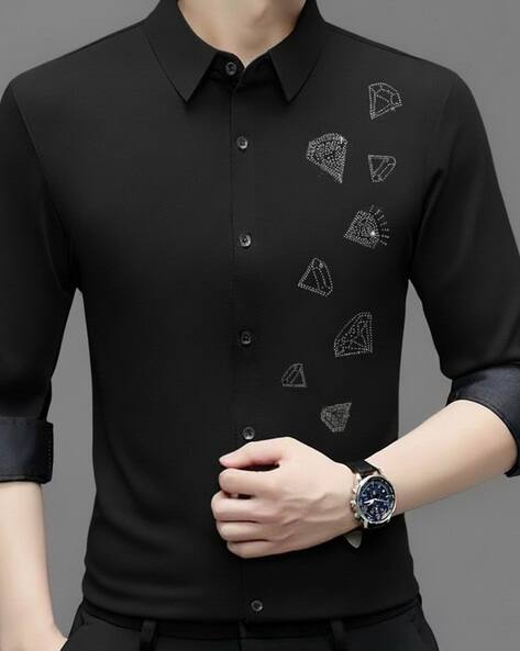 Buda Jeans Co Men Embroidered Slim Fit Shirt with Spread Collar