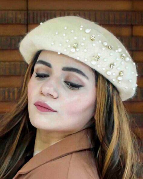 Hair Drama Co. Women Pearls & Crystals Embellished Beret Cap