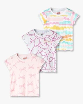 Girls Pack of 3 Printed Regular Fit Crew-Neck T-Shirts