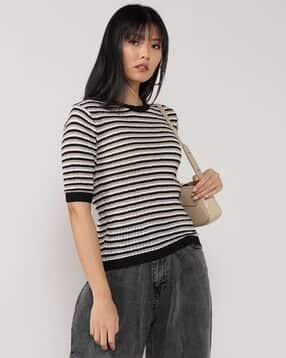 lee cooper Women Pointelle Striped Regular Fit Crew-Neck T-Shirt-picture-45