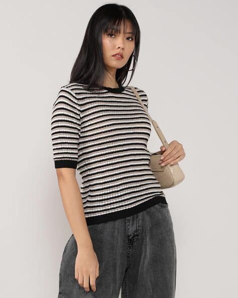 Lee Cooper Women Pointelle Striped Regular Fit Crew-Neck T-Shirt