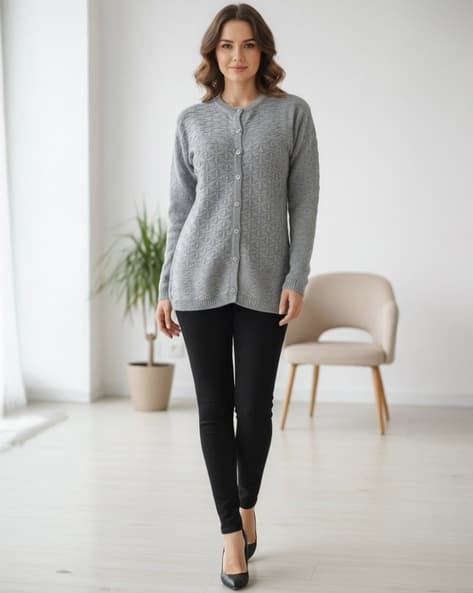 MUHURATAM Women Round-Neck Cardigan with Button Closure