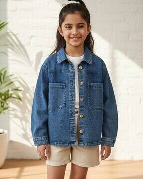 muhuratam Girls Denim Jacket with Patch Pockets-picture-15