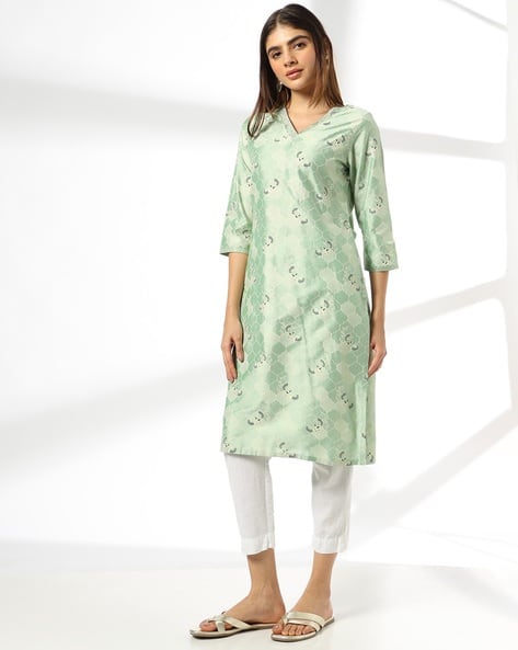 AVAASA MIX N' MATCH Women Floral Print V-Neck Straight Kurta