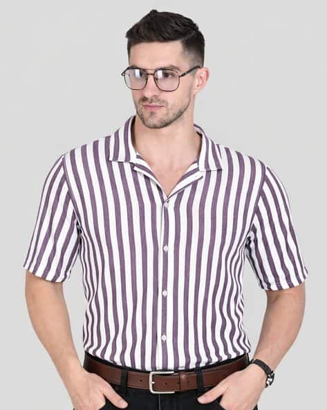 WANQUILA Men Striped Regular Fit Shirt with Cuban Collar