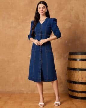 leia Women V-Neck Denim A-Line Dress-picture-29