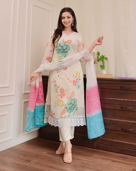 Indie Picks Women Embroidered and Floral Printed Straight Kurta Set