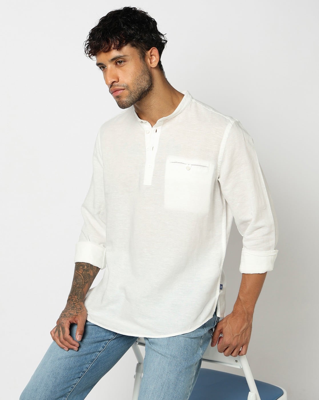 Buy GAP Regular Fit Mandarin Collar Shirt Online | Ajio.com