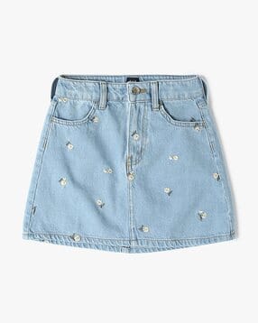 Girls Lightly Washed Regular Fit A-Line Mini Skirt-image-4