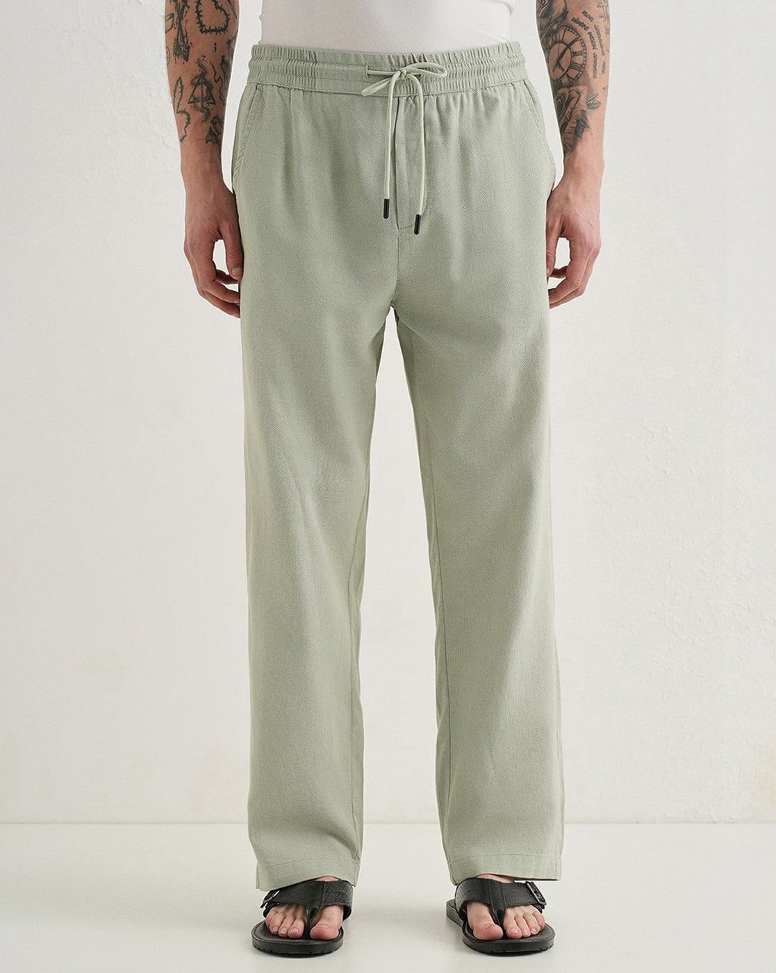 BANANA CLUB Men Flat Front Straight Fit Pants with Drawstrings For Men (Green, 28)