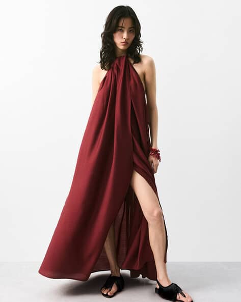 h&m halter maxi dress H&M Conscious Exclusive Maxi Dress Womens 8 Black Floral Halter Neck Flowy Blog