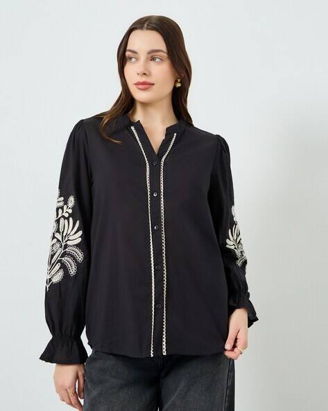 Styli Women V-Neck Embroidered Long Sleeve Shirt