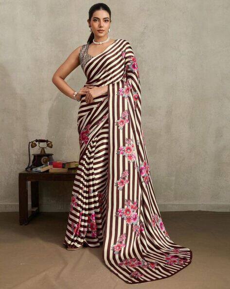 Stylum Floral Print Satin Saree With Unstitched Blouse Piece