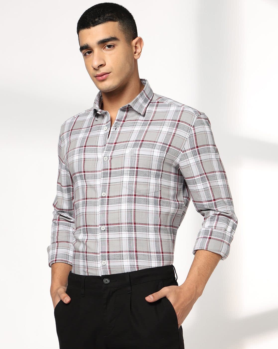 NETPLAY Men Checked Regular Fit Shirt with Patch Pocket For Men (Grey, 42)