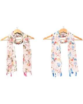 stole villa Women Pack of 2 Floral Print Scarves with Tassels-picture-41