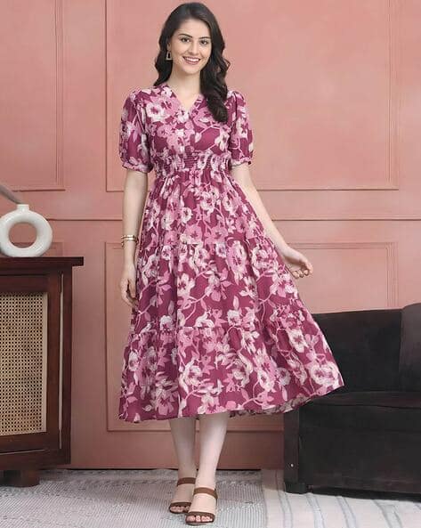 XQsee Women Floral Print Tiered Dress