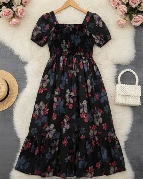 XQsee Women Floral Print Fit & Flare Dress
