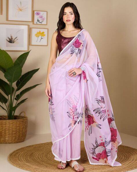 Nyrika Women Floral Print Saree with Lace Border