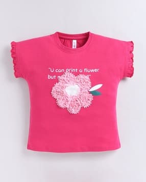 giniekids Girls Printed Round-Neck Top with Floral Applique-picture-34