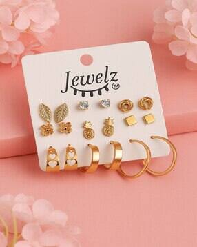 women set of 9 stone-studded stud earrings