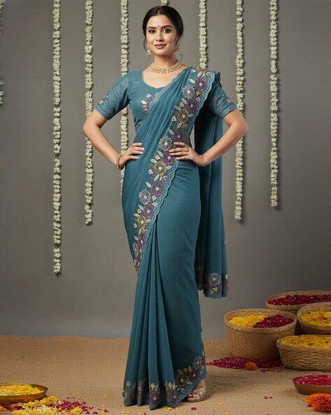 Nyrika Women Saree with Embroidered Scalloped Border