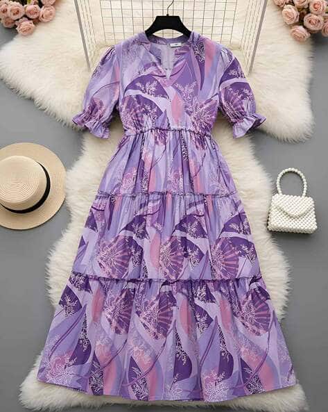 XQsee Women Floral Print Tiered Dress with Puff Sleeves