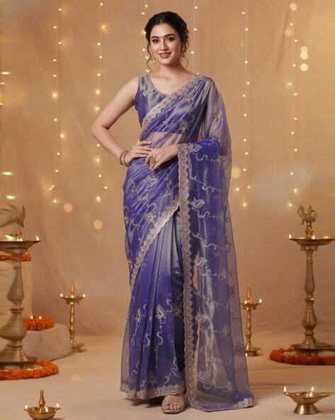 Nyrika Women Embroidered Saree with Scalloped Border