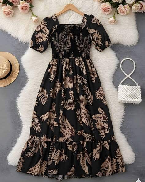 XQsee Women Leaf Print Fit & Flare Dress