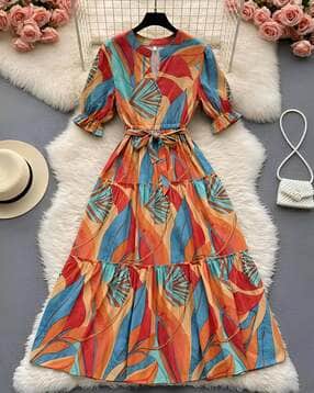 Women Printed Fit & Flare Dress with Tie-Up-image-32