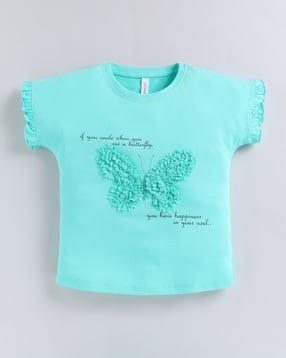 giniekids Girls Printed Round-Neck Top with Butterfly Applique-picture-25