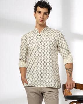 Men Floral Print Slim Fit Short Kurta-image-11