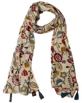 desi butik Women Floral Print Scarf with Tassels-picture-12