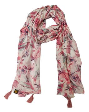 desi butik Women Floral Print Scarf with Tassels-picture-1