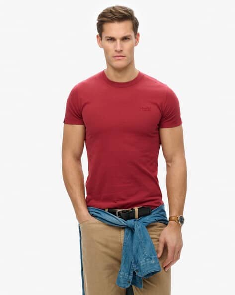 Men Vintage Logo Embroidered Slim Fit Crew-Neck T-Shirt