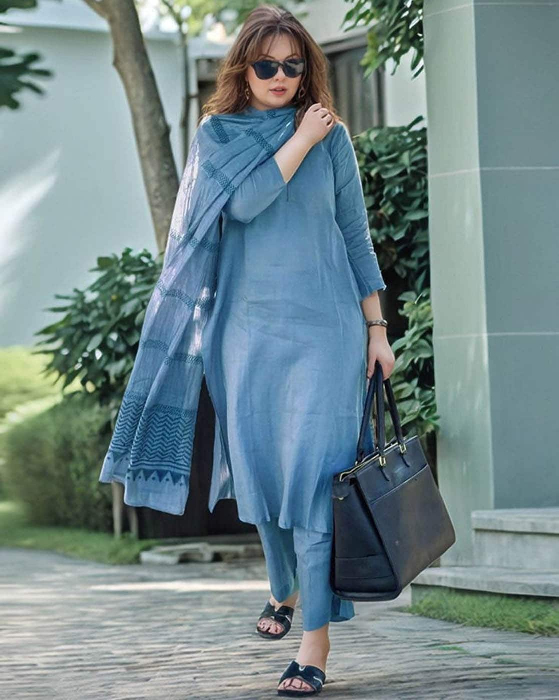 Nyrika Women Round-Neck Straight Kurta with Pants & Dupatta For Women (Blue, S)