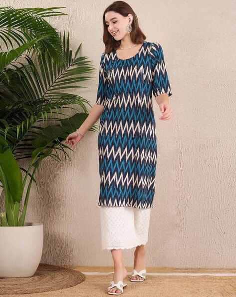 7 Threads Women Chevron Print Round-Neck Straight Kurta