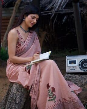 Floral Soft Linen Mulmul Cotton Saree with Running Blouse -image-29