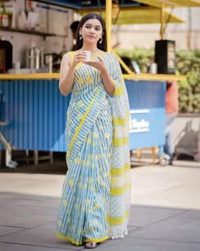 indie picks Floral Soft Linen Mulmul Cotton Saree with Running Blouse -picture-30