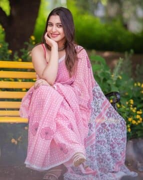 indie picks Floral Soft Linen Mulmul Cotton Saree with Running Blouse -picture-34