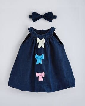 hopscotch Bow Applique Cotton Denim Dress-picture-18